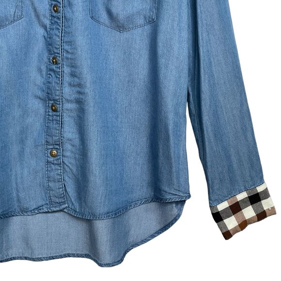 CATO Button Up Top Women Size M Blue Chambray Mix Media Pockets Check Soft - Picture 4 of 11
